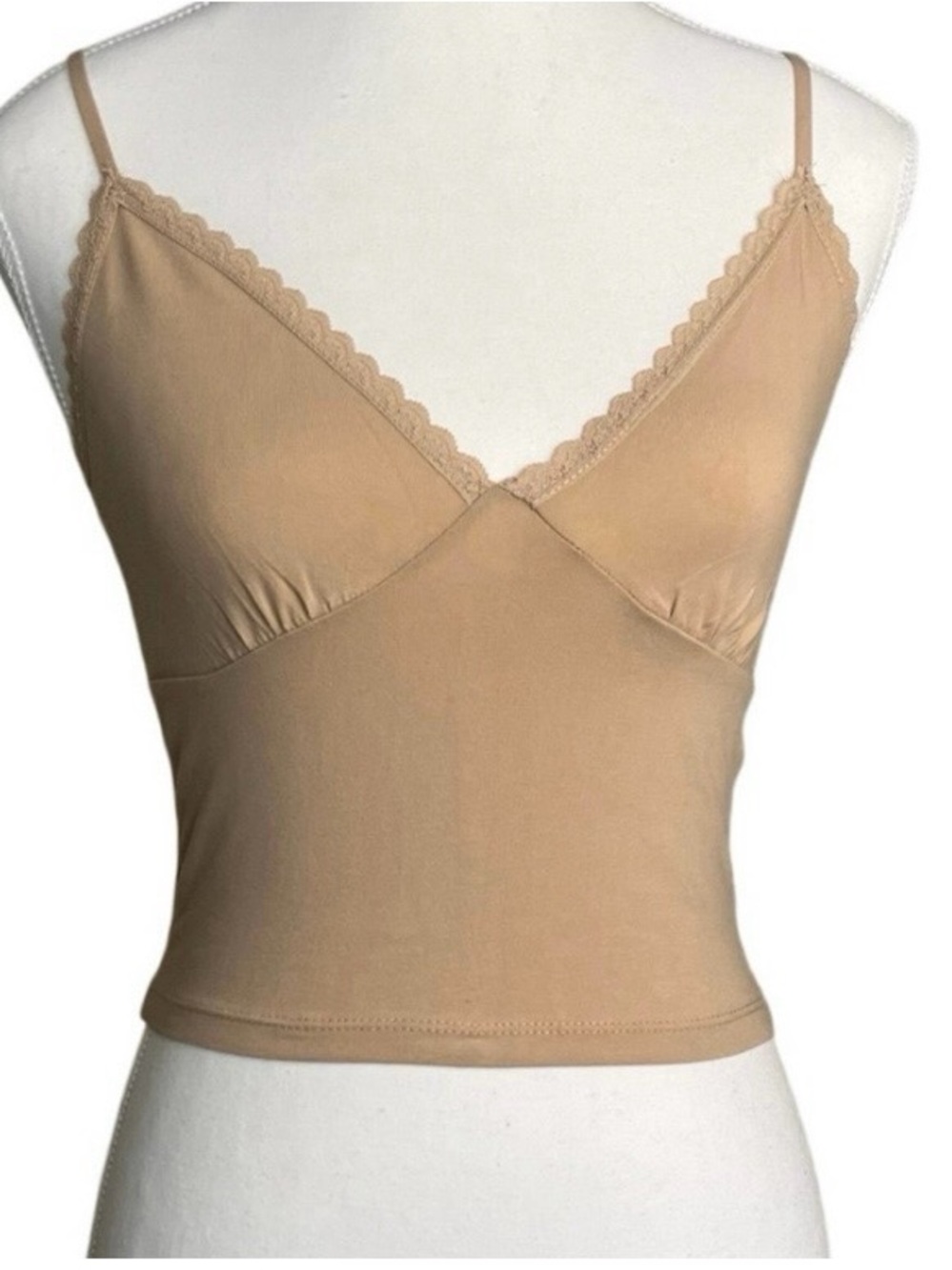 Ambiance Lace Trim V-Neck Cropped Camisole Tank Top-Beige/Tan Size S